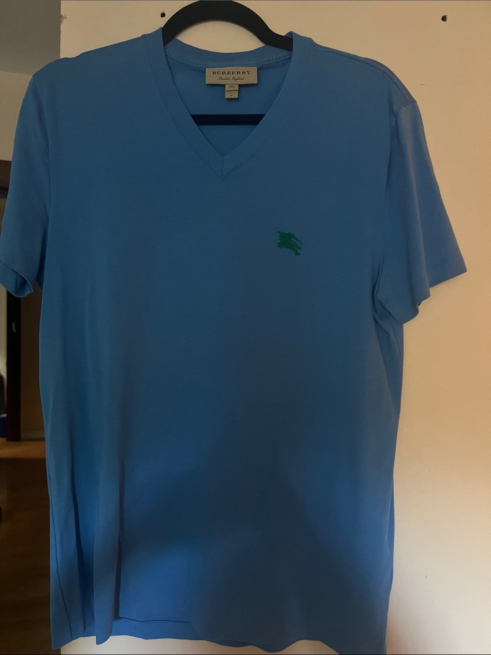Burberry Men’s V-Neck T-Shirt in Sky Blue with Green Logo